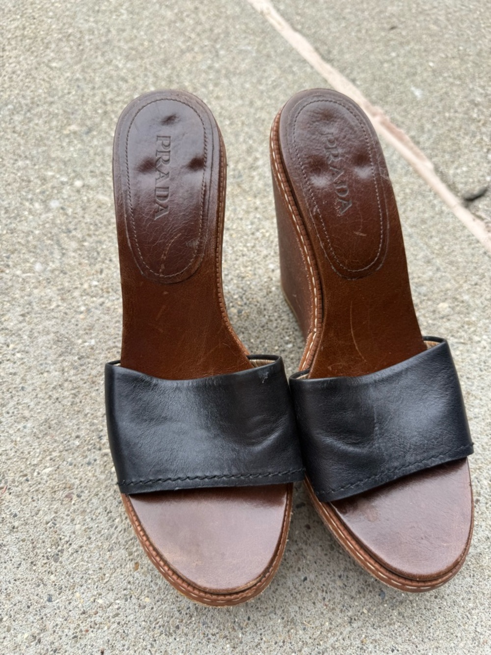 Prada Black Leather Slide Wedge Sandals with Brown Footbed